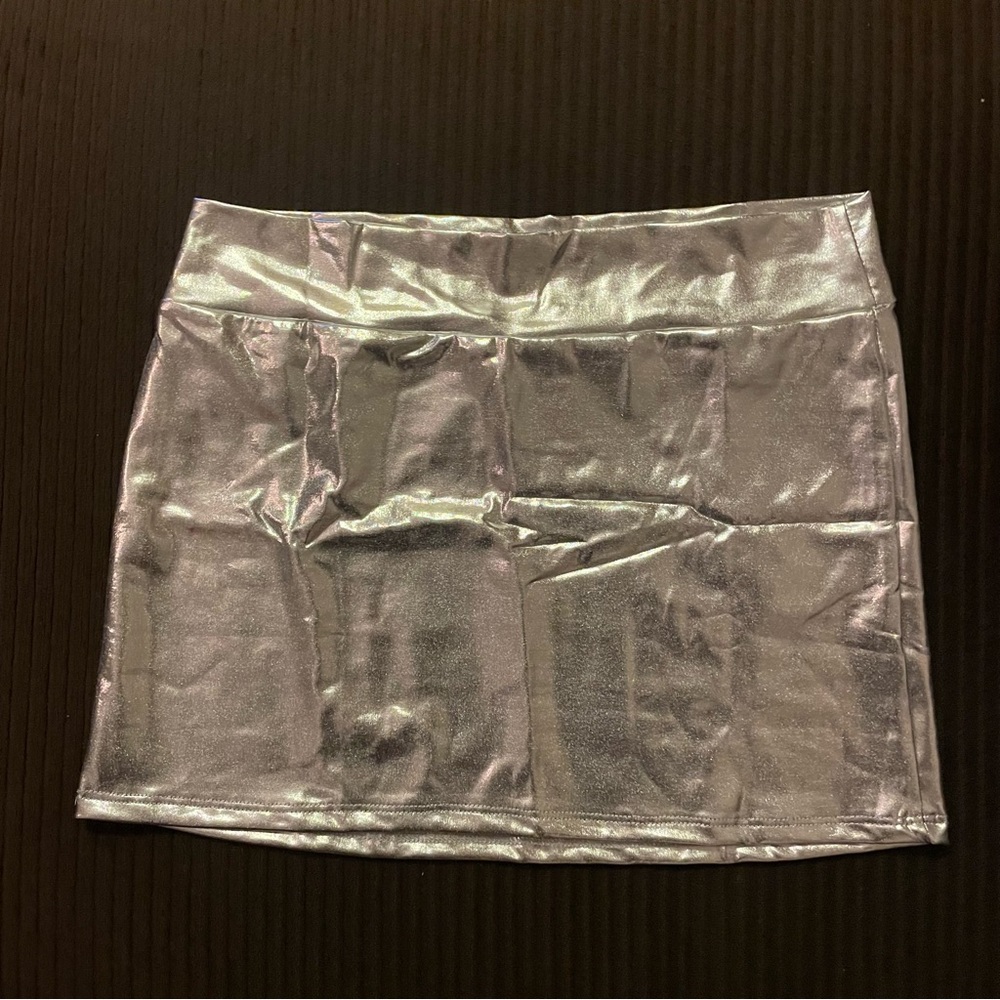 metallic silver mini skirt
